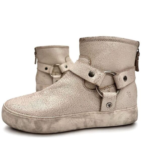 Frye Cracked Leather Lena Harness Booties in Off White Distressed Size 7.5 - Picture 2 of 11